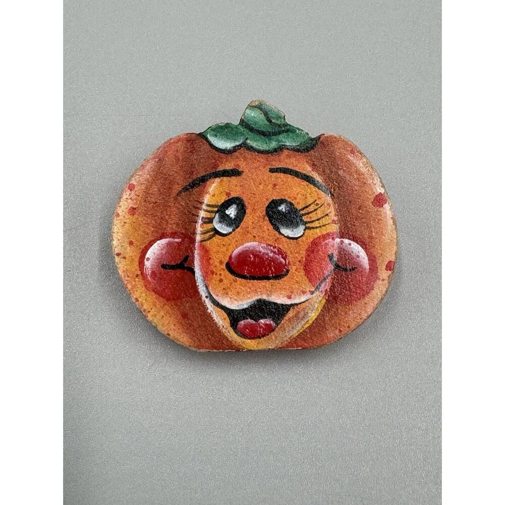 Painted Wood Orange Pumpkin Crazy Funny‎ Face Lapel Pin